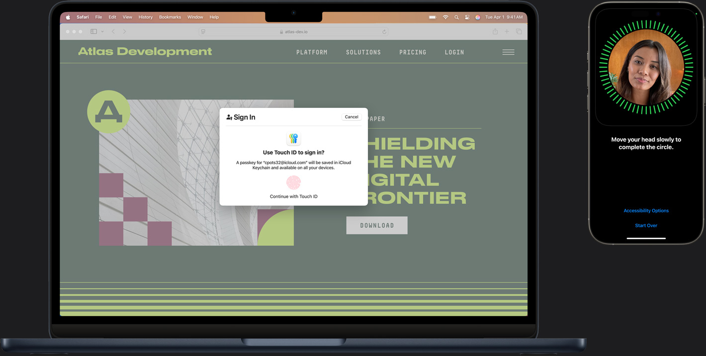 Ein Mac und ein iPhone mit verschiedenen Elementen von Touch ID zur sicheren Anmeldung.