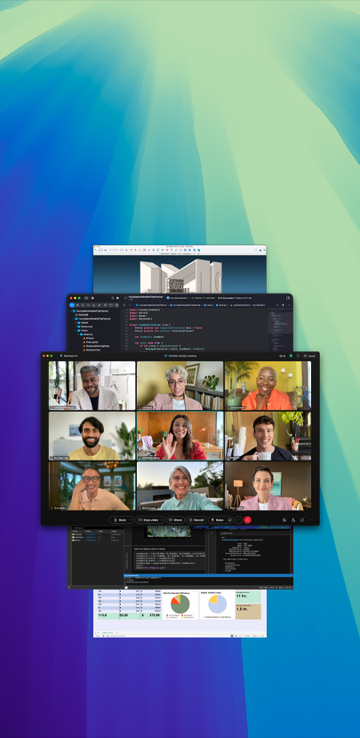Multiple app screens displayed on macOS Tahoe, including a virtual meeting of smiling people held on Webex.