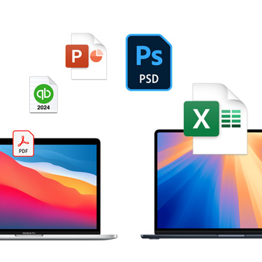 Front view of two side-by-side MacBooks with different colorful desktop backgrounds. File icons are displayed in an arc above the MacBooks. File icons include Acrobat file, Quickbooks file, PowerPoint file, Photoshop file, Excel file.