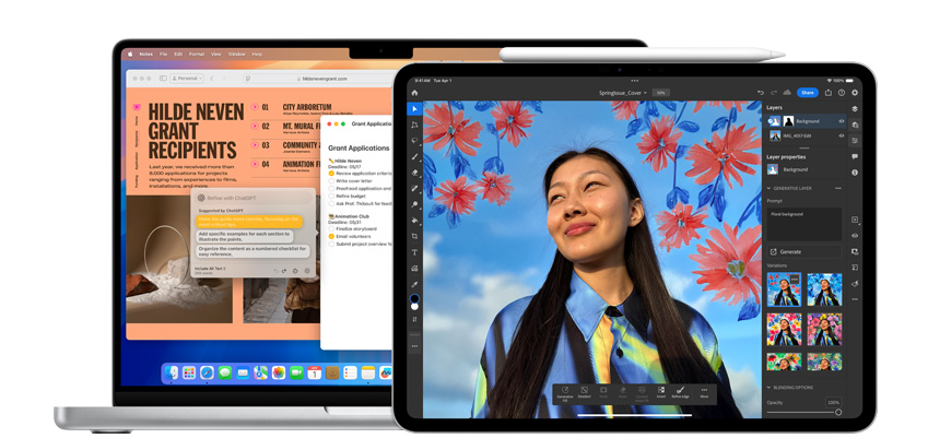 Un MacBook et un iPad affichent des apps avec des intégrations d’IA