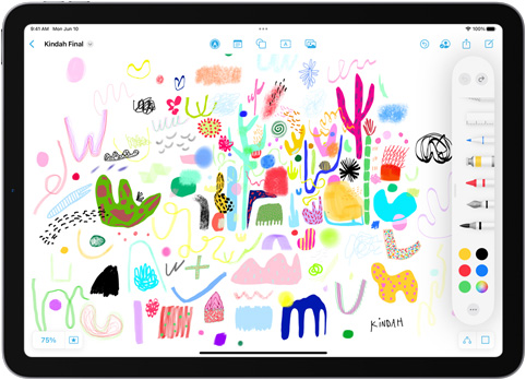Sur un iPad, la palette d’outils de dessin de l’app Freeform est affichée au-dessus d’un dessin coloré