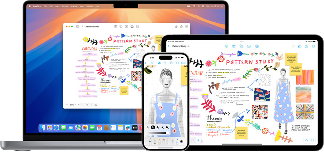 Un MacBook, un iPhone et un iPad affichent tous le même tableau Freeform intitulé « Pattern Study ».