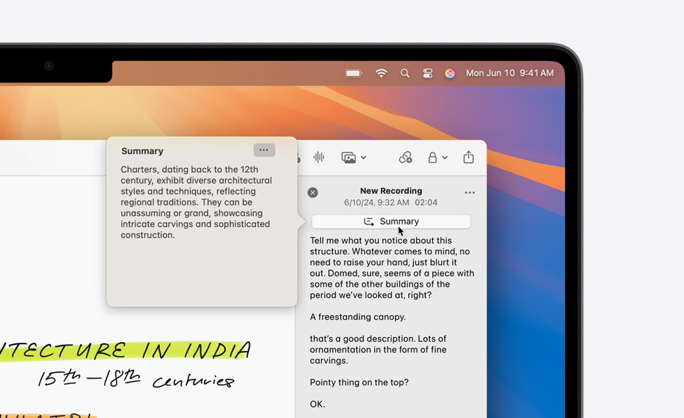 Le résumé d’une transcription audio, généré par l’outil de résumé d’Apple Intelligence, est affiché dans l’app Notes sur un MacBook