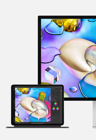 Un iPad et un Studio Display affichent les mêmes illustrations.