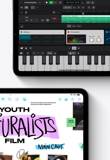 Deux iPad affichent les apps Logic Pro et Freeform.
