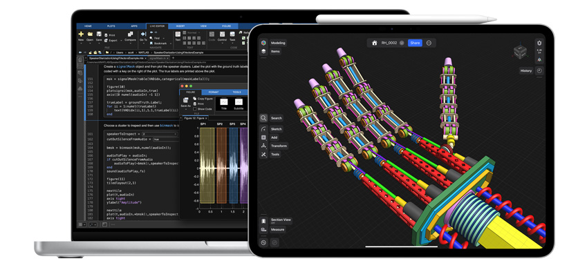 Des apps de sciences, de technologie, d’ingénierie et de mathématiques sont affichées sur un MacBook et un iPad, avec un Apple Pencil Pro à côté de l’iPad.