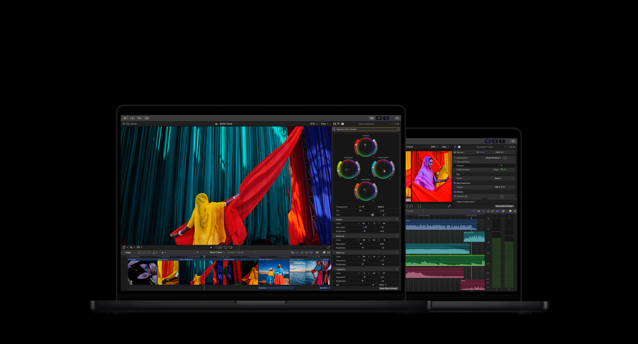 MacBook Pro 16 showing colour grading tools, woman in yellow sari with red fabric on a blue background, MacBook Pro 14 showing edit screen showing audio waveforms and EQ tool