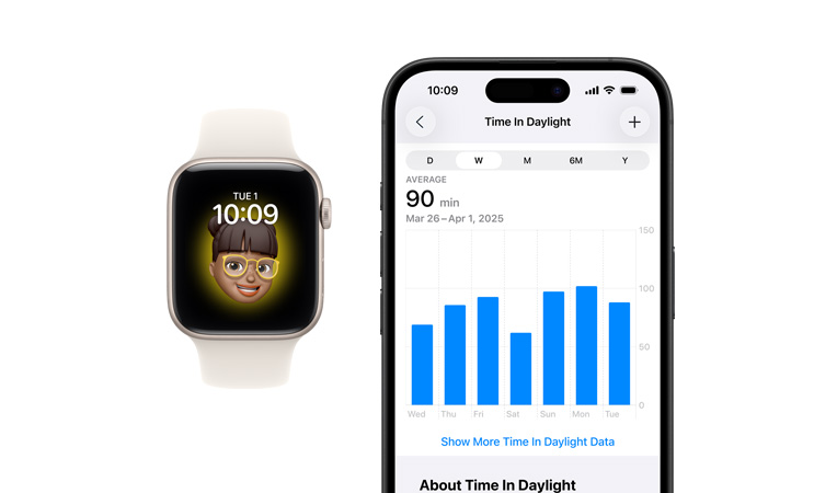 Apple Watch SE 3, cassa in alluminio color galassia, quadrante con una Memoji, iPhone, scheda di condivisione dei dati sanitari con le ore trascorse alla luce del sole