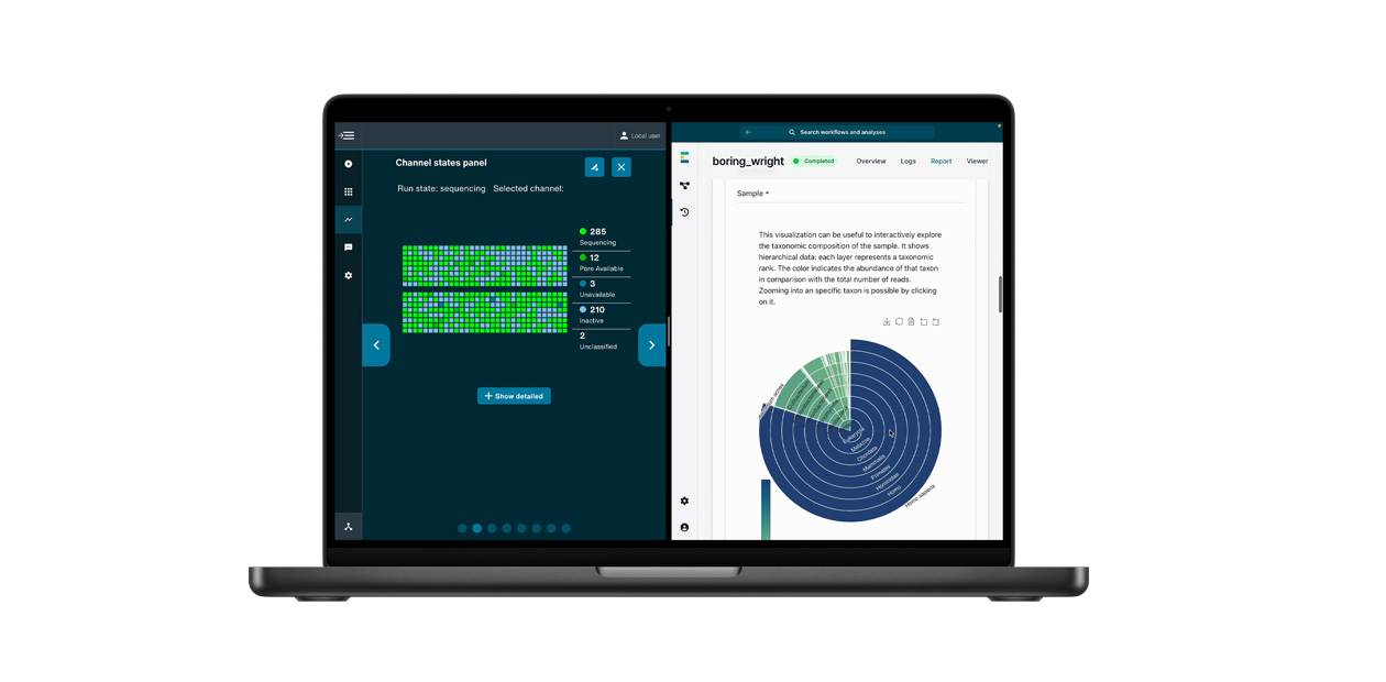 Um MacBook com o app de sequenciamento de DNA da Oxford Nanopore aberto na tela.