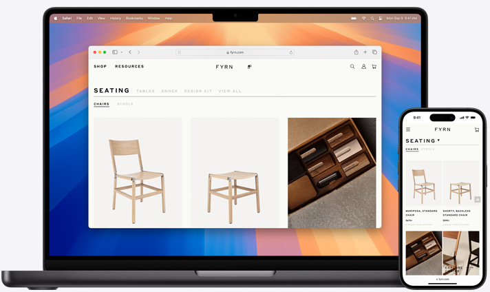 Macbook 及 iPhone 的螢幕顯示，兩部裝置正開啟同一個 Safari ⾴面
