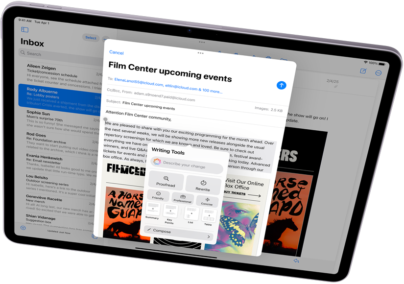 Horizontálne otočený iPad Air s Apple Intelligence, Nástrojmi na písanie a apkou Mail