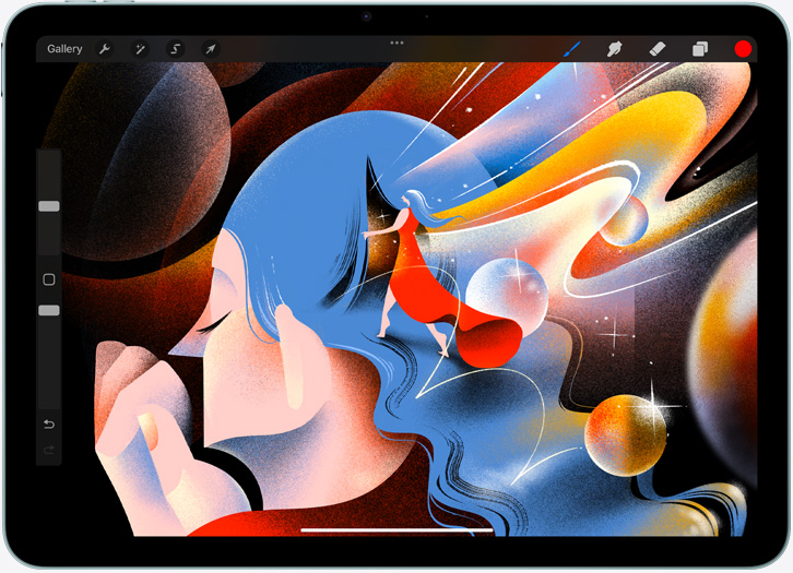 Horizontálne otočený iPad Air na obrazovke s ilustráciou v apke Procreate