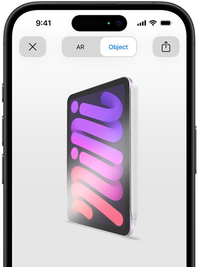 iPad mini με Apple Pencil Pro συνδεδεμένο σε επαυξημένη πραγματικότητα σε ένα iPhone.