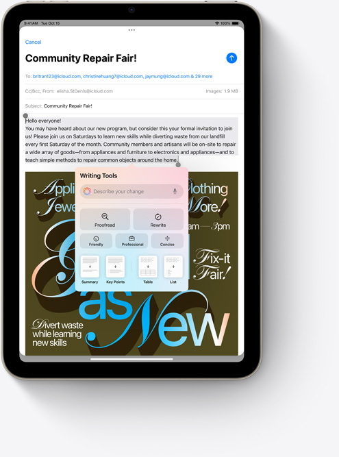 iPad mini που δείχνει τα Εργαλεία συγγραφής στο Mail, μια νέα λειτουργία του Apple Intelligence.