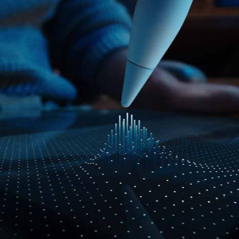 Apple Pencil Pro, valge värv, seadme otsik, mis hõljub iPadi ekraani kohal, näidates punktide ruudustikku, millest mõned tõusevad veergudeks Apple Pencil Pro otsiku suunas