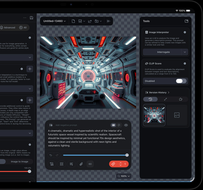 iPad Pro, esikülg, ekraanil monteeritakse futuristliku kosmoselaeva klippi erinevate tööriistadega ning avatud on AI funktsioonid, sh Image Interpreter ja CLIP Score