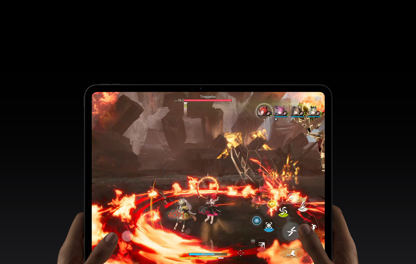 iPad Pro, esikülg, parem ja vasak käsi hoidmas horisontaalis, ümarad nurgad, must ekraani serv, ekraanil mängitakse videomängu Arknights: Endfield