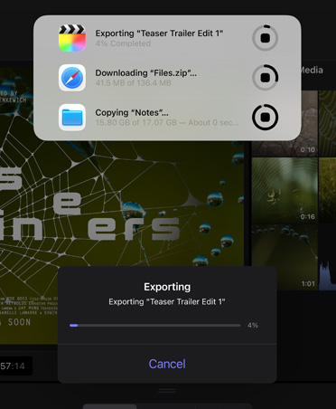 Tausta ülesannete teavitus näitamas videoekspordi, faili allalaadimise ja märkmete varukoopiate progressi