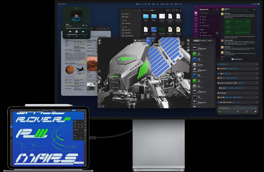 iPad Pro ühendatud Magic Keyboardiga, esikülg, kõik ühendatud välise Maci Studio Display’ga, iPad Pro ekraan graafilise disaini rakendusega, erksad värvid ja tekst, Studio Display näitamas erinevaid rakendusi ja 3D-mudelit