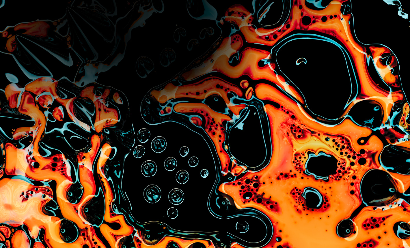 Vibrant, detailed image of black and orange abstract shapes and bubbles, illustrating the advanced Ultra Retina XDR technology