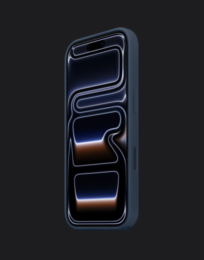 iPhone 17 Pro, face avant, finition bleu intense, muni d’une coque en silicone, couleur marine