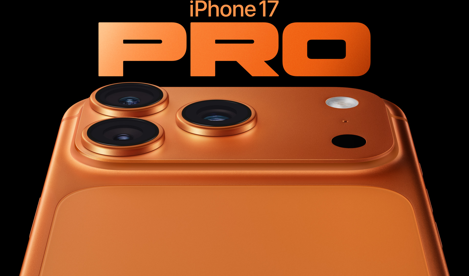 iPhone 17 Pro, finition orange cosmique, vue partielle de la face arrière, système caméra Pro dans le coin supérieur gauche, 3 objectifs, micro, flash