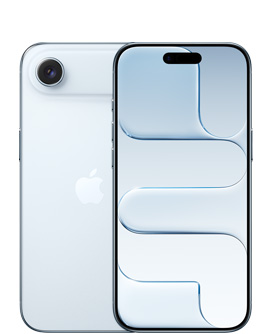 iPhone Air, back exterior, Sky Blue colour, Fusion Camera System at top, centred Apple logo, front exterior, Sky Blue colour, Dynamic Island centred at top