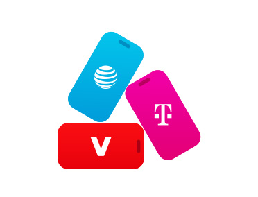 iPhone outline showing AT&T logo, iPhone outline showing T-Mobile logo, iPhone outline showing Verizon logo
