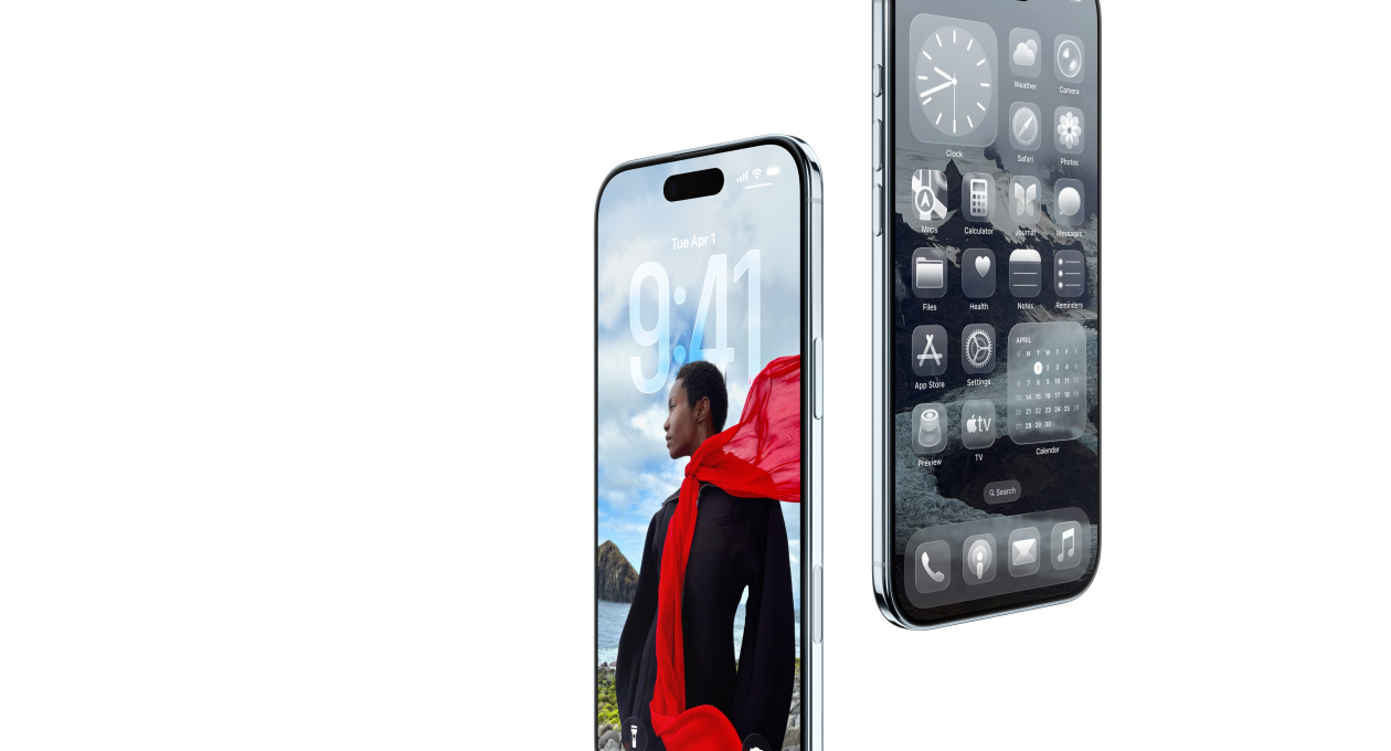 İki adet iPhone Air’in önden ve yandan dış görünümü, ince profil, dinamik Kilit Ekranı, Liquid Glass uygulamaları görünen Ana Ekran