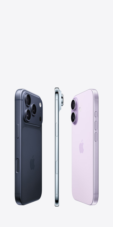 iPhone 17 Pro, μπροστινή εξωτερική όψη, σύστημα κάμερας Pro fusion που φτάνει στην κορυφή, iPhone Air, πολύ λεπτή πλαϊνή πλευρά από τιτάνιο, iPhone 17, πίσω εξωτερική όψη, Προηγμένο σύστημα διπλής κάμερας στην επάνω αριστερή γωνία