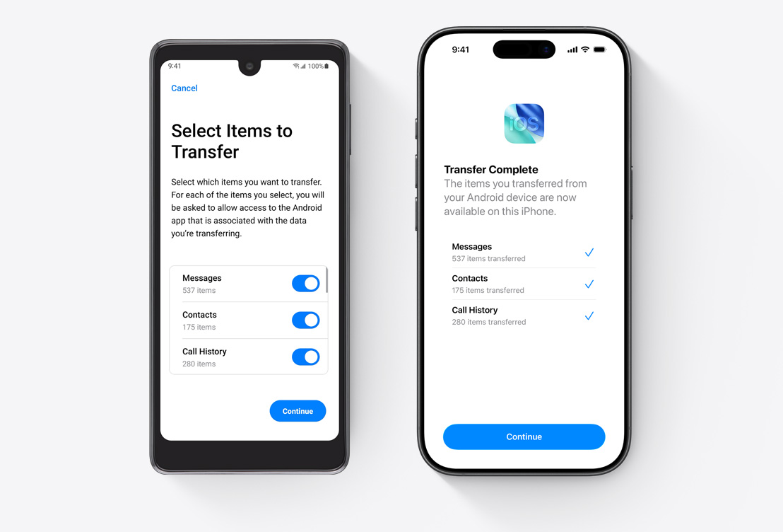 Δίπλα-δίπλα, οθόνη Android που δείχνει το app Μετάβαση σε iOS, οθόνη iPhone που δείχνει το app Μετάβαση σε iOS