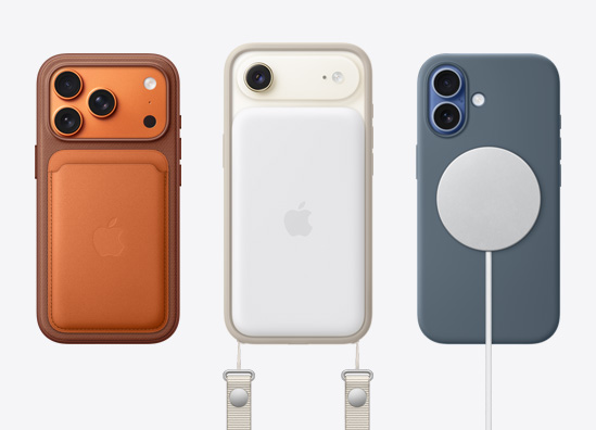 Δίπλα-δίπλα, πίσω εξωτερική όψη του iPhone 17 Pro με Πορτοφόλι με ύφασμα FineWoven και MagSafe, πίσω εξωτερική όψη του iPhone 17 Λουράκι Λαιμού Crossbody και θήκη από σιλικόνη, πίσω εξωτερική όψη του iPhone 17 με διάφανη θήκη MagSafe