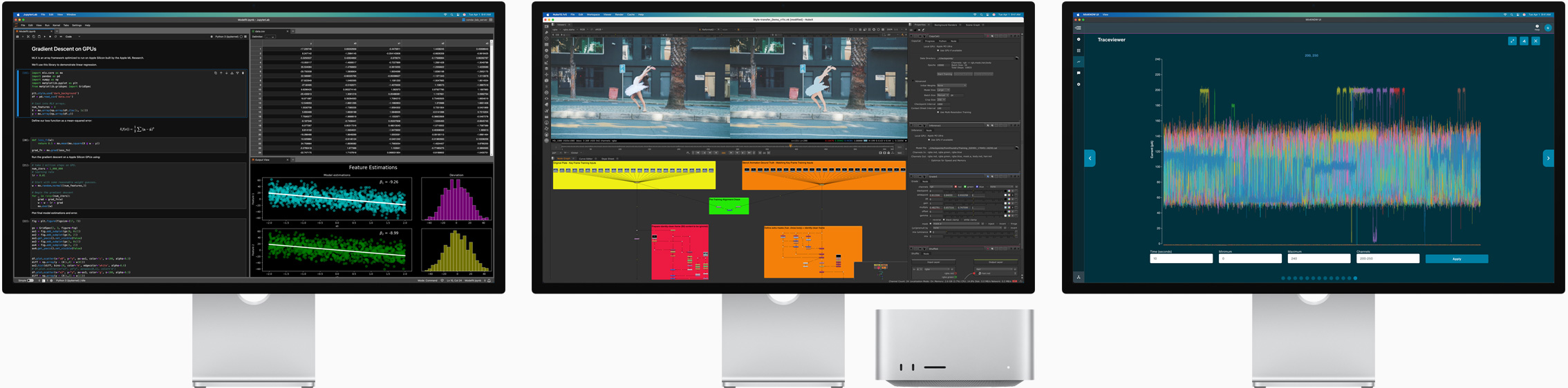 Un Mac Studio junto a tres monitores Studio Display, cada uno con una app de macOS diferente abierta