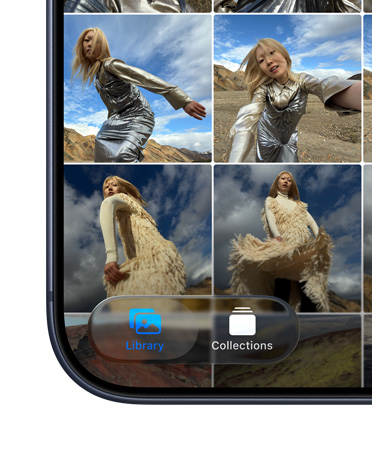 iPhone, le bas de l’écran à gauche affichant la vignette de l’app Photos qui montre les onglets Bibliothèque et Collections dans le nouveau design Liquid Glass