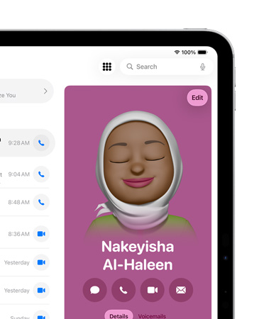 iPad, sisi kanan depan layar menampilkan kartu kontak di aplikasi Telepon yang terbuka dengan opsi untuk Pesan, Telepon, dan lainnya