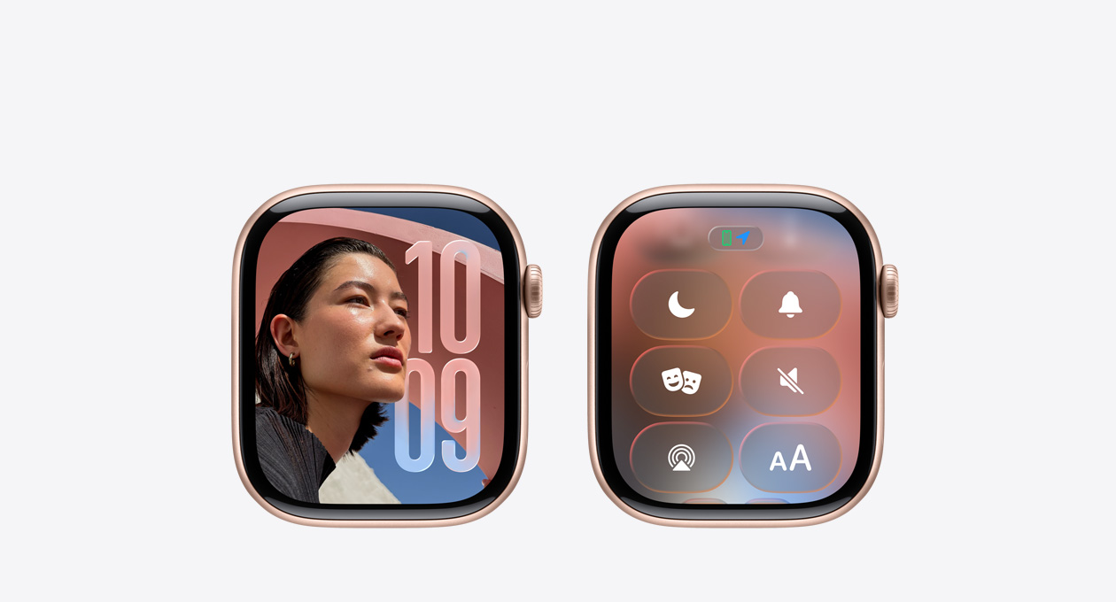 Apple Watch color oro rosa senza cinturino, quadrante con app Orologio, nuovo design Liquid Glass di watchOS 26