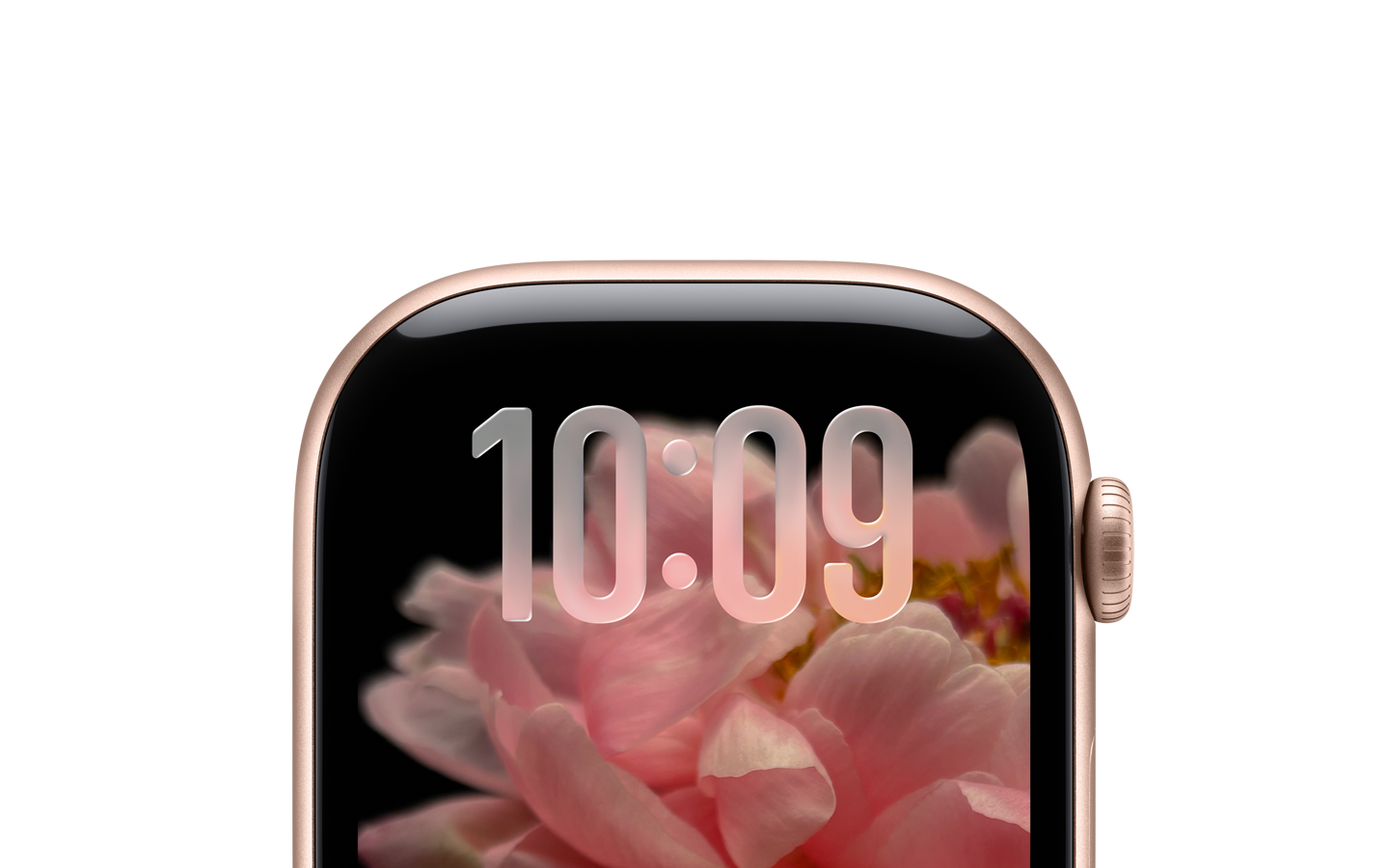 Apple Watch color oro rosa, senza cinturino: compare solo la parte superiore del quadrante; in alto i numeri dell’ora, in design Liquid Glass, sono semitrasparenti
