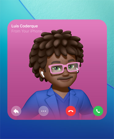 Affiche de contact sur FaceTime avec Genmoji au centre, nom de la personne en haut à gauche, icônes pour répondre, avoir plus d’options, raccrocher et décrocher en bas