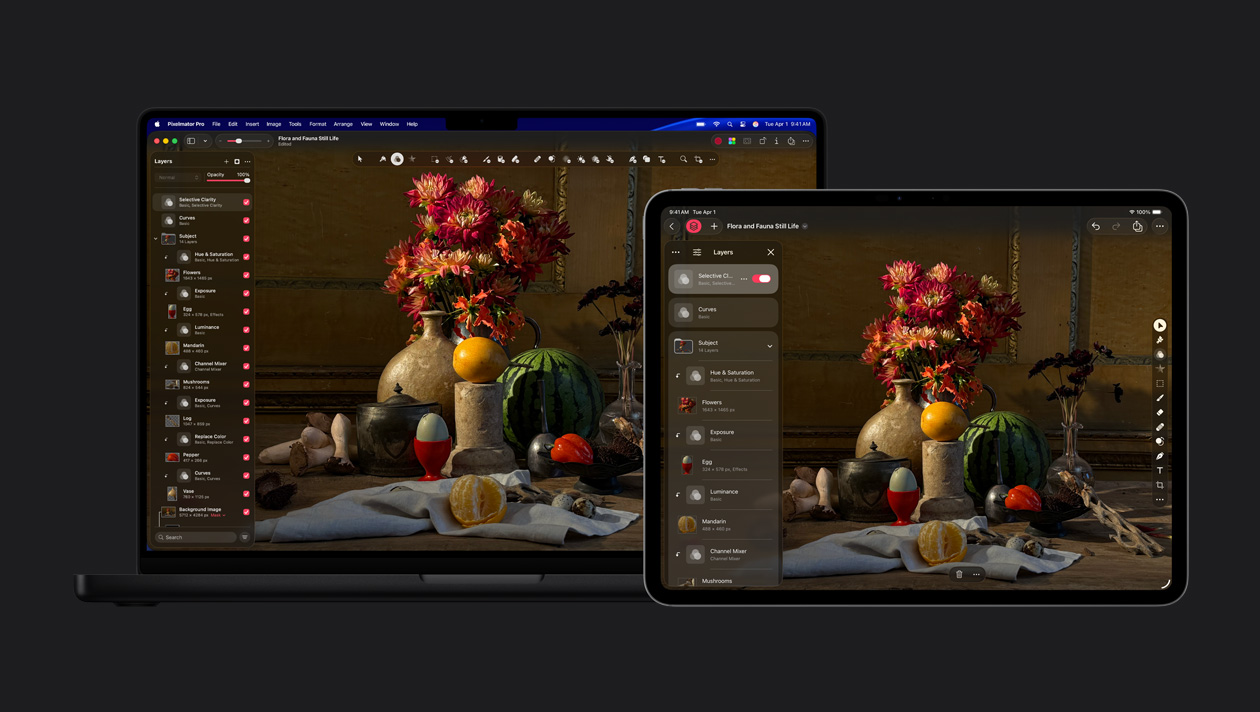 MacBook Pro 16″ and iPad Pro 13″ screens, Pixelmator Pro, flora and fauna still life painting, layers toolkit on the left