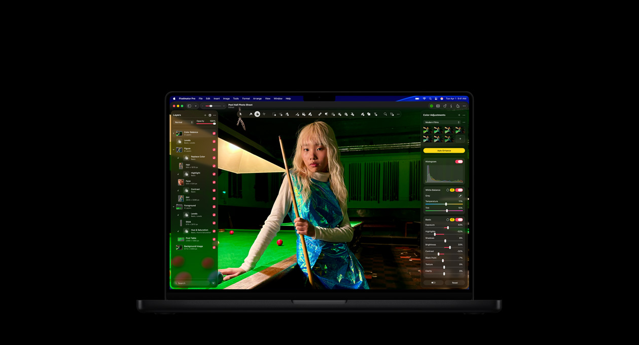 MacBook Pro 16″ screen, photo of woman in pool hall, colour adjustment tools
