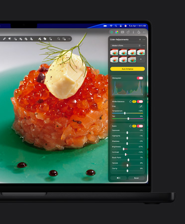 MacBook Pro 16″ screen, close-up photo of salmon caviar on plate, colour adjustments tool